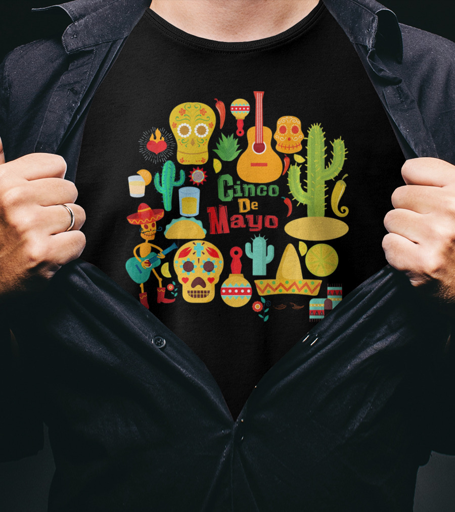 Cinco De Mayo Cactus Skull Sombrero Guitar Festivity T-Shirt