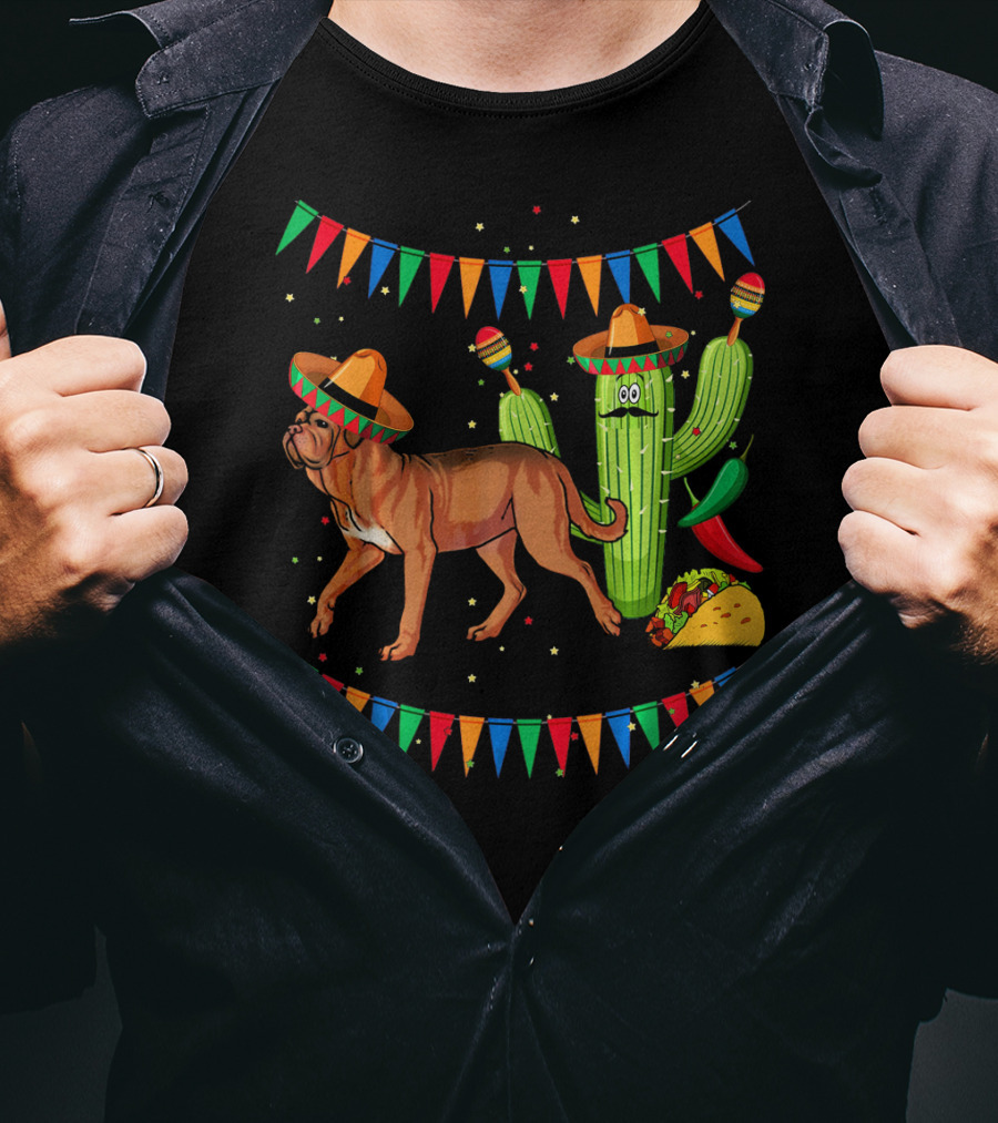 Sombrero Dogue De Bordeaux Dog Cactus Mexico Fiesta Flags Taco Peppers T-Shirt