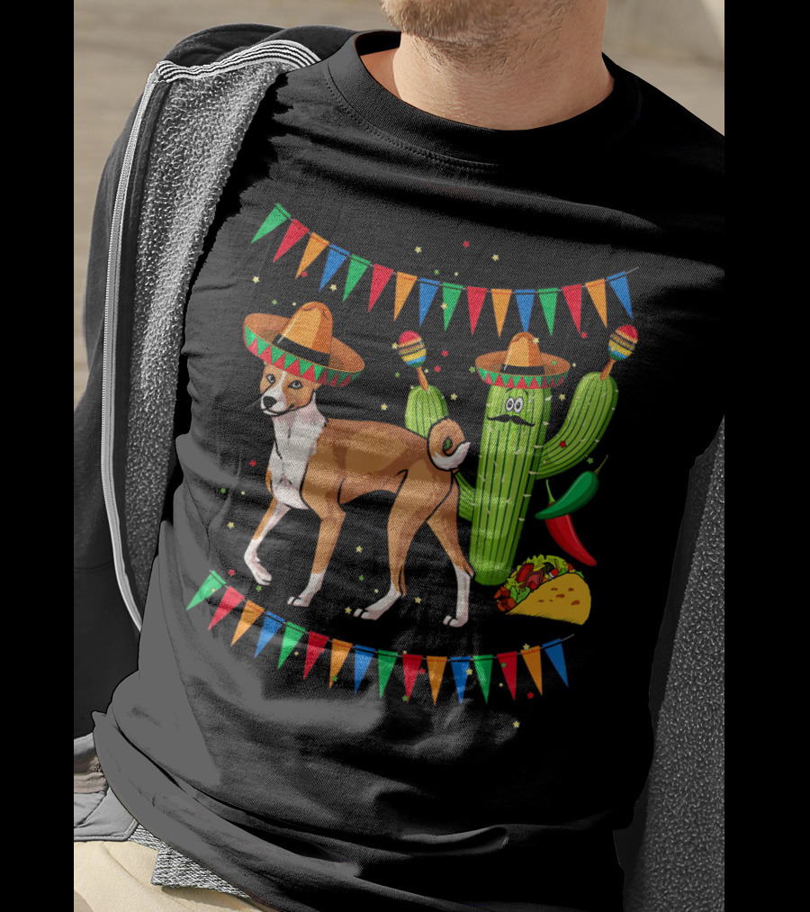 Sombrero Basenji Dog And Cactus Mexico Cinco De May Fiesta Elements T-Shirt