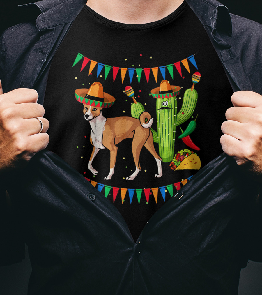 Sombrero Basenji Dog And Cactus Mexico Cinco De May Fiesta Elements T-Shirt