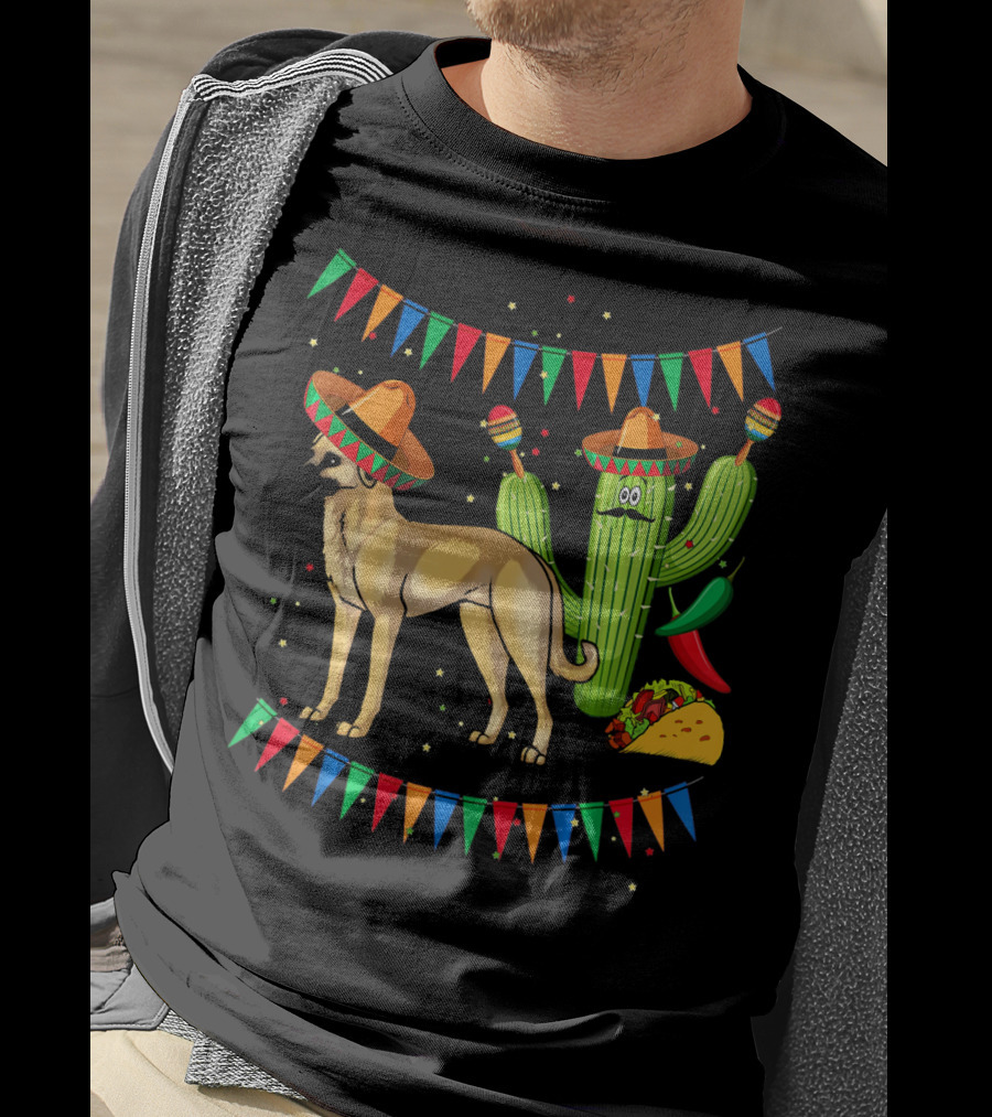 Sombrero-Clad Anatolian Shepherd Dog With Mexican Cactus And Taco Fiesta Banners T-Shirt