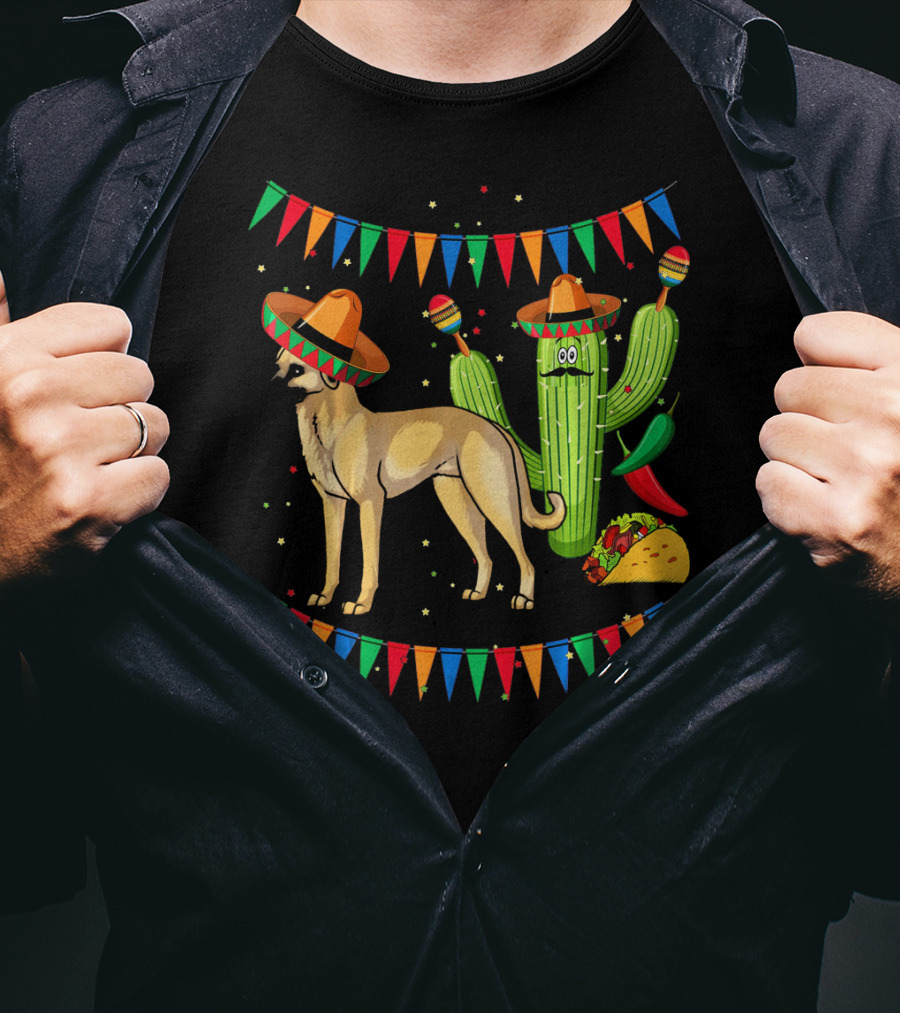 Sombrero-Clad Anatolian Shepherd Dog With Mexican Cactus And Taco Fiesta Banners T-Shirt