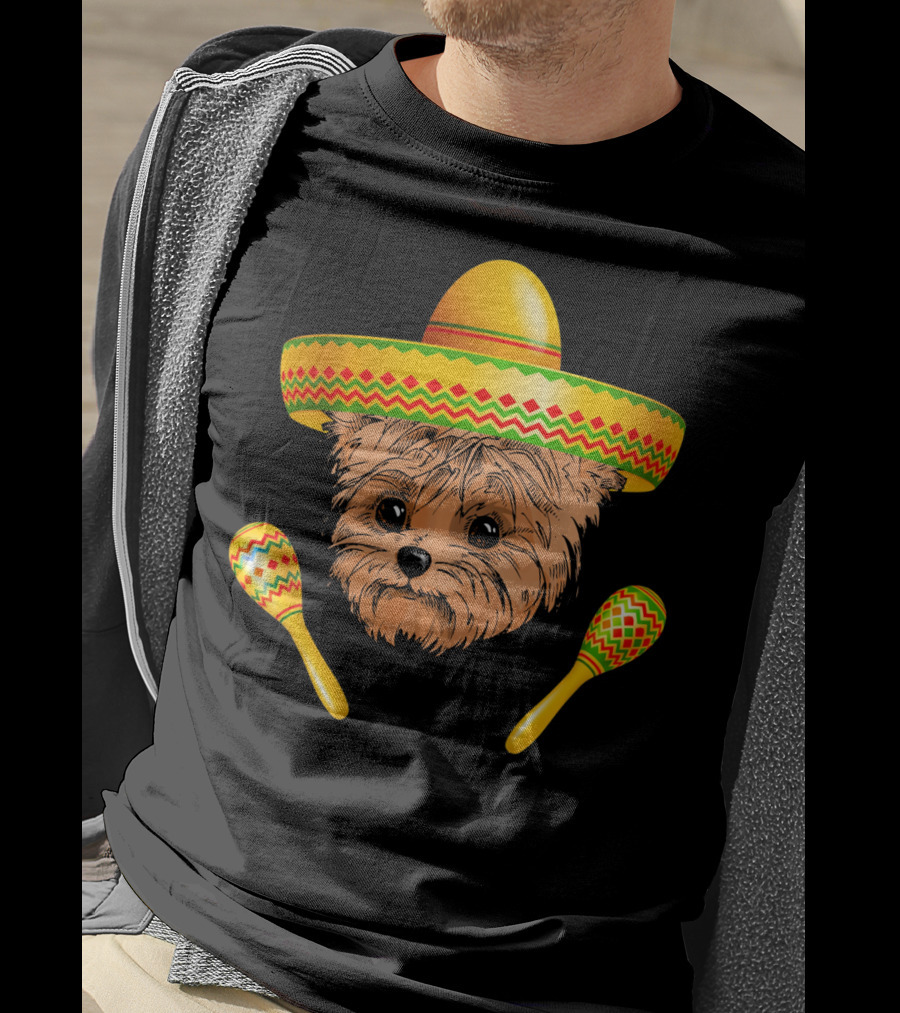 Funny Cinco De Mayo Yorkie Sombrero Maracas T-Shirt