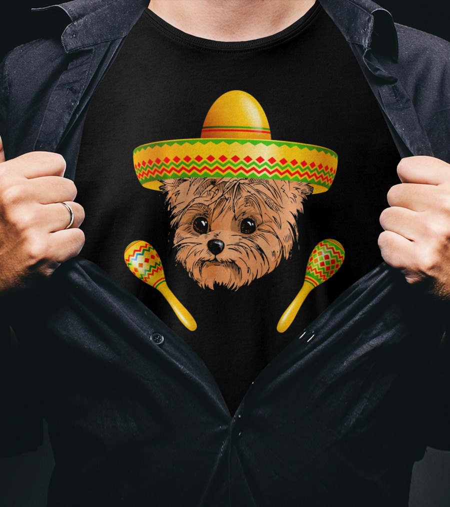Funny Cinco De Mayo Yorkie Sombrero Maracas T-Shirt