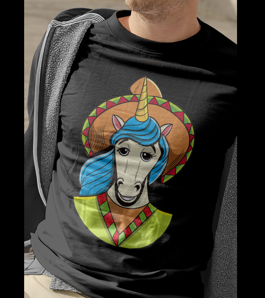Hispanic Unicorn In Sombrero With Colorful Mane For Cinco T-Shirt