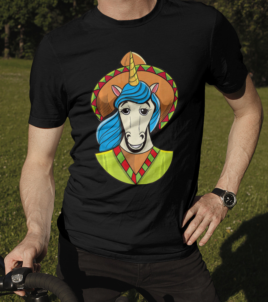 Hispanic Unicorn In Sombrero With Colorful Mane For Cinco T-Shirt