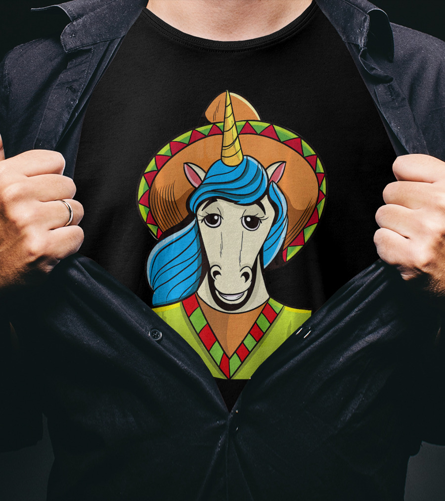 Hispanic Unicorn In Sombrero With Colorful Mane For Cinco T-Shirt