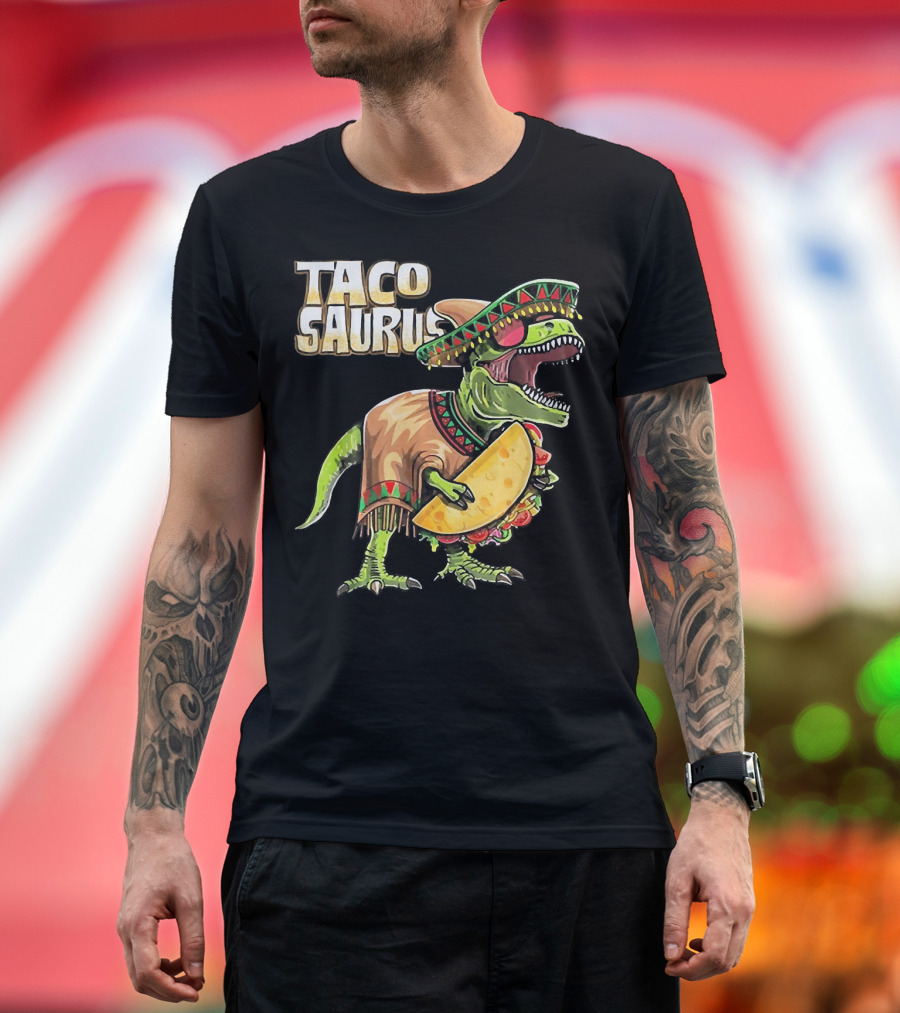 Tacosaurus Dinosaur Wearing Sombrero and Serape Holding Taco T-Shirt