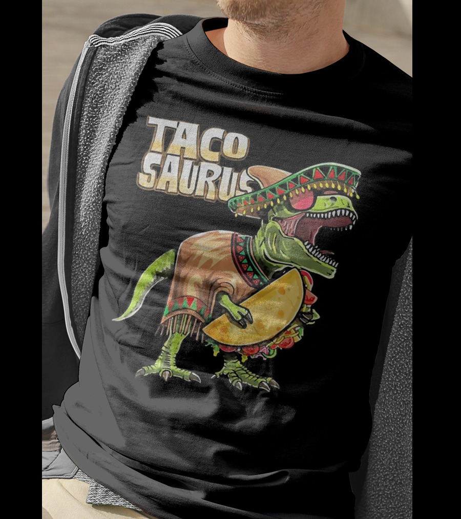 Tacosaurus Dinosaur Wearing Sombrero And Serape Holding Taco T-Shirt