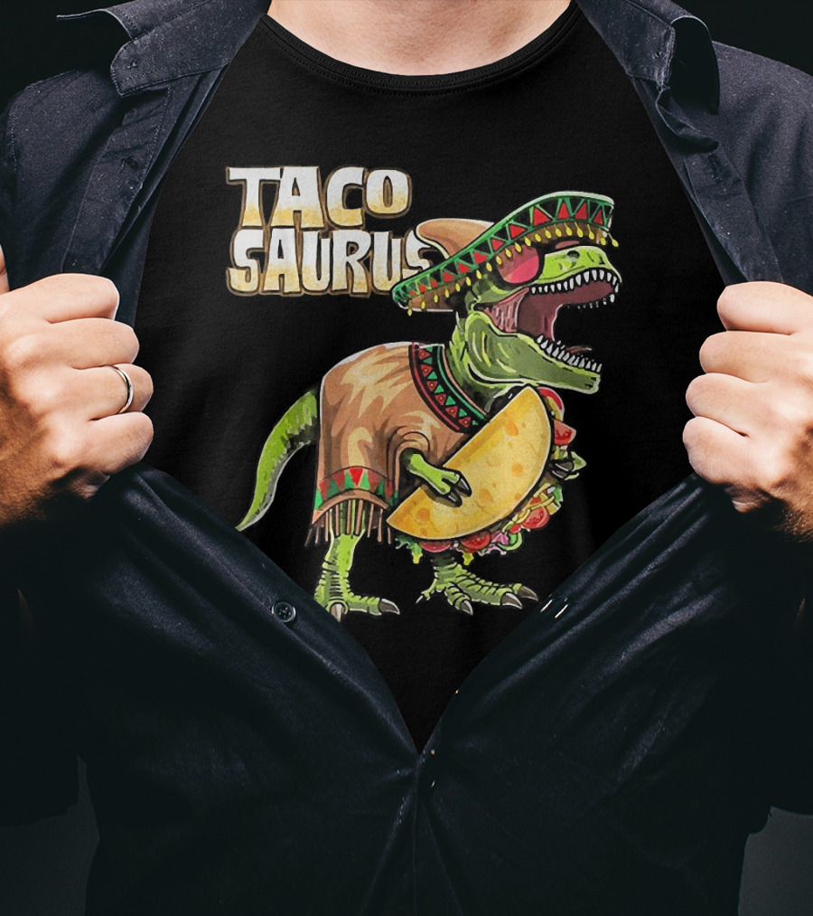 Tacosaurus Dinosaur Wearing Sombrero And Serape Holding Taco T-Shirt