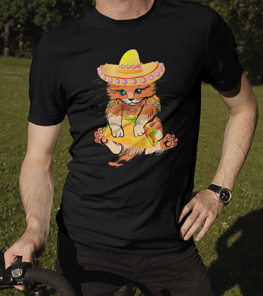 Cinco De Mayo Funny Cat In Sombrero Holding Taco T-Shirt