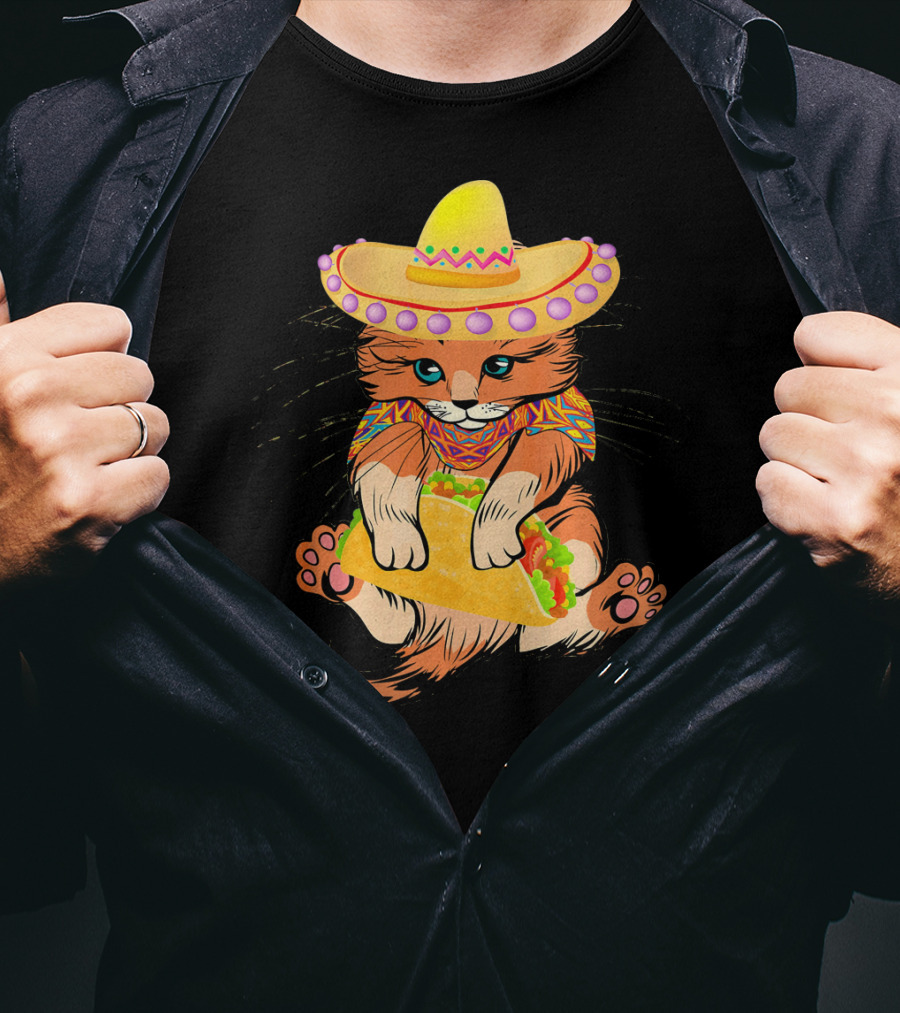 Cinco De Mayo Funny Cat In Sombrero Holding Taco T-Shirt