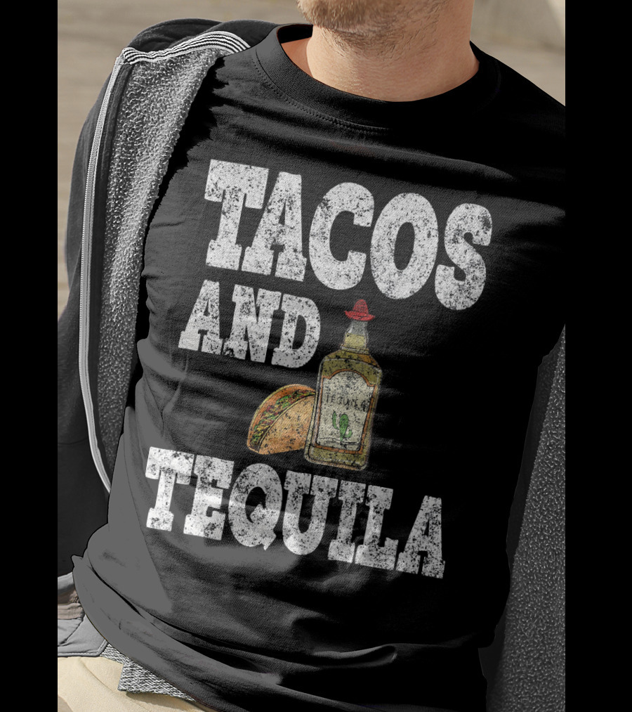 Tacos And Tequila With Bottle And Sombrero For Cinco De Mayo T-Shirt