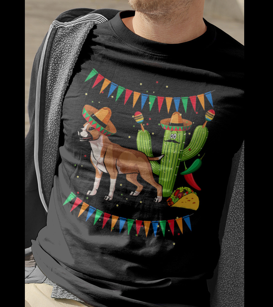 Cinco Sombrero Staffordshire Terrier Dog With Festive Cactus And Taco T-Shirt