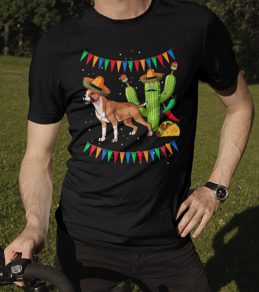 Cinco Sombrero Staffordshire Terrier Dog With Festive Cactus And Taco T-Shirt