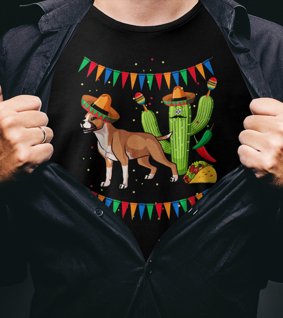Cinco Sombrero Staffordshire Terrier Dog With Festive Cactus And Taco T-Shirt
