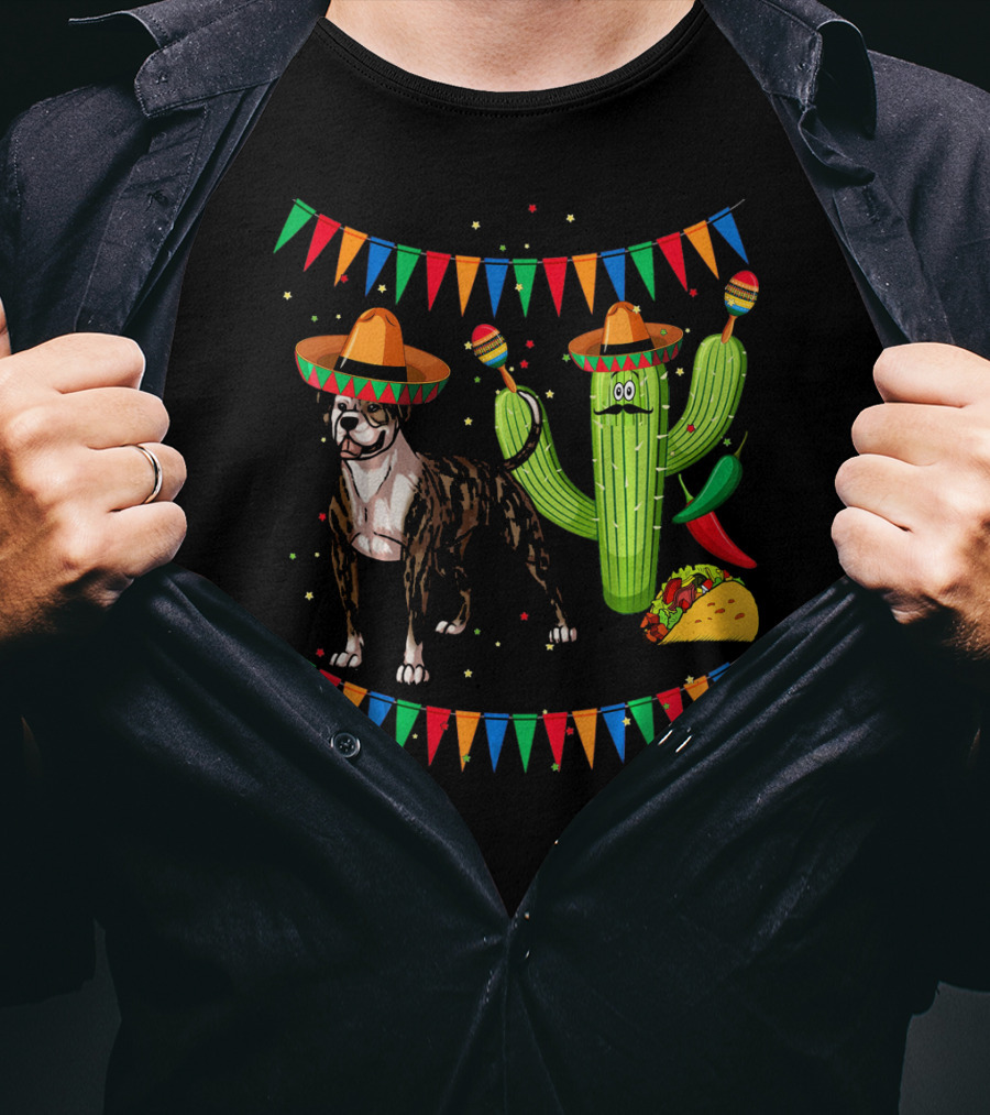 Sombrero American Bulldog Dog Mexico Cactus Chili Taco Fiesta T-Shirt