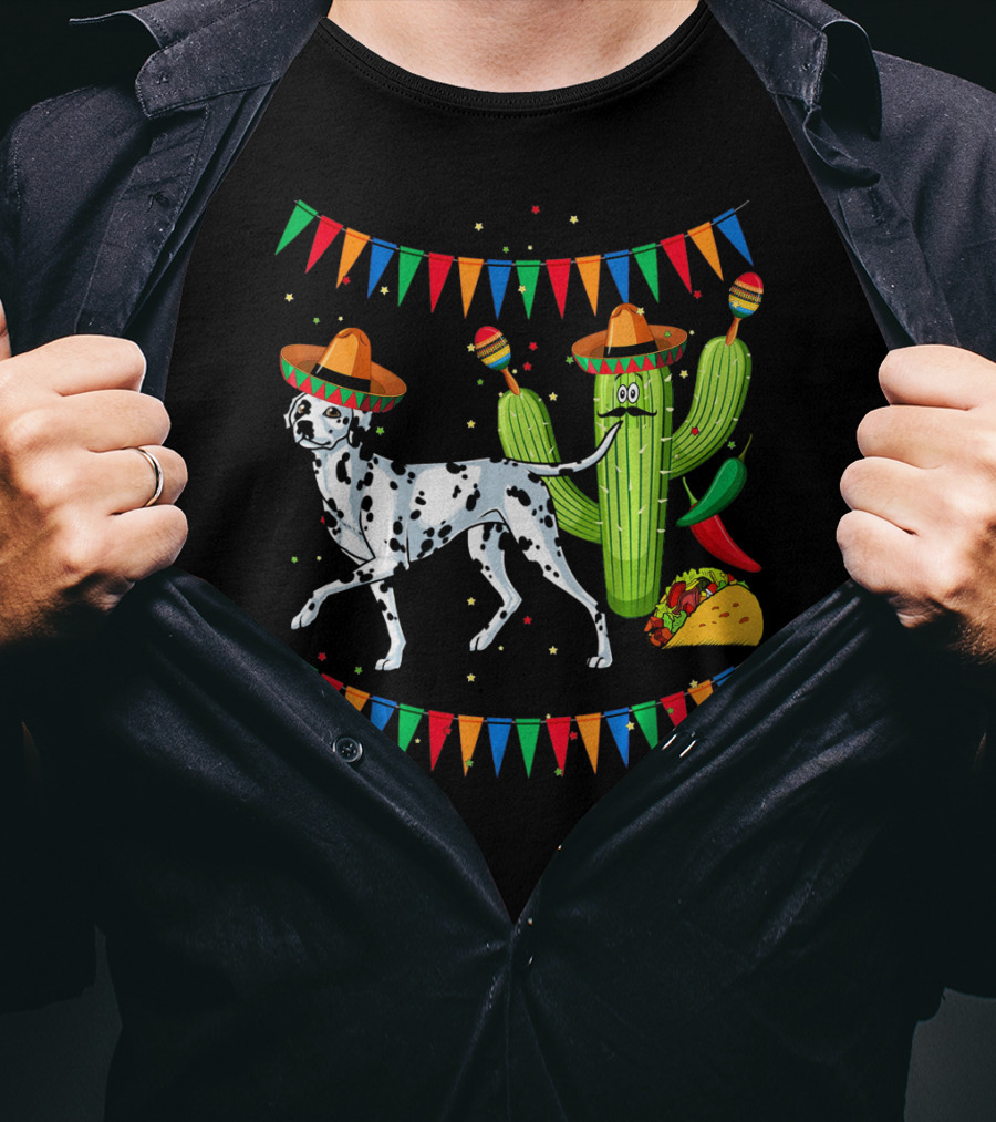Sombrero Dalmatian Cactus Maracas Taco Fiesta Mexico Cinco De Mayo T-Shirt