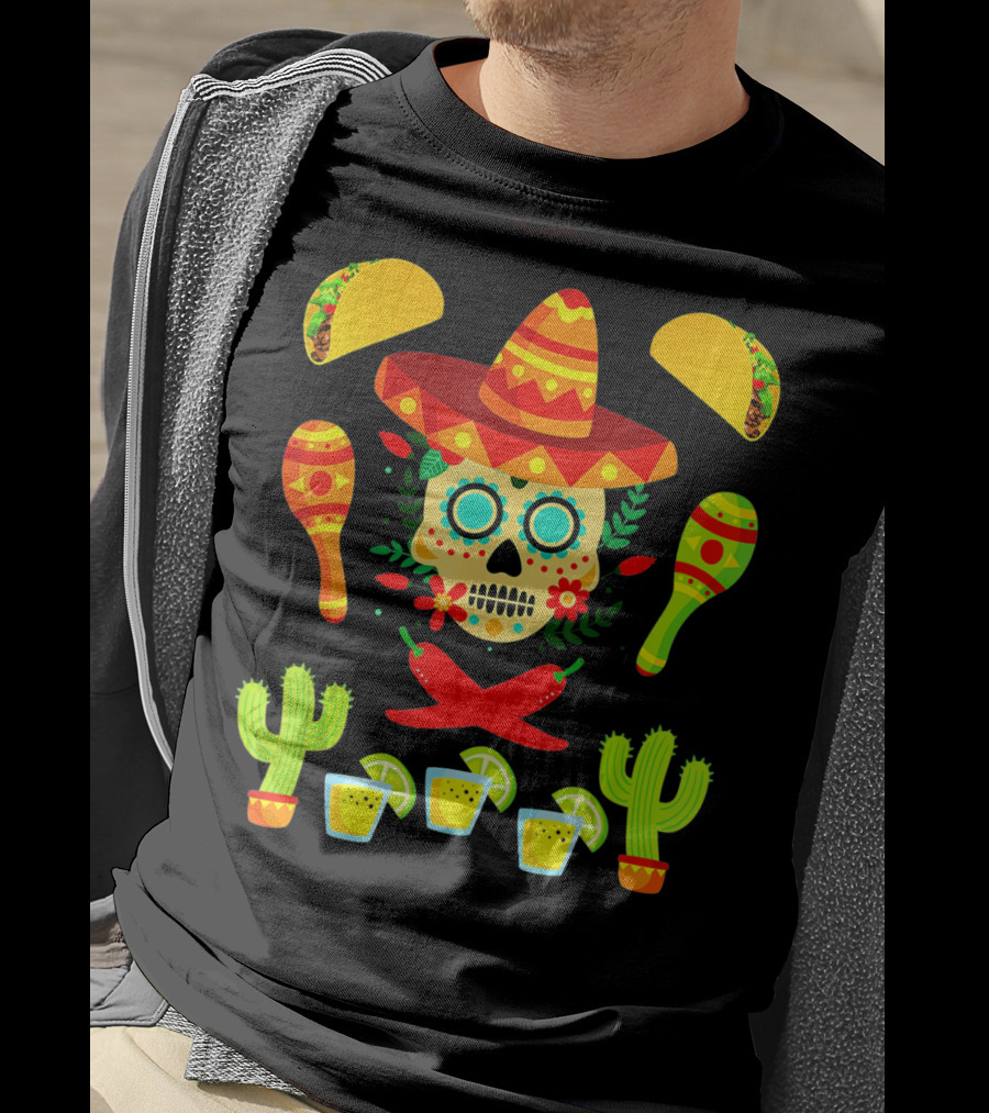 Festive Cinco De Mayo Sombrero Skull With Tacos And Maracas T-Shirt