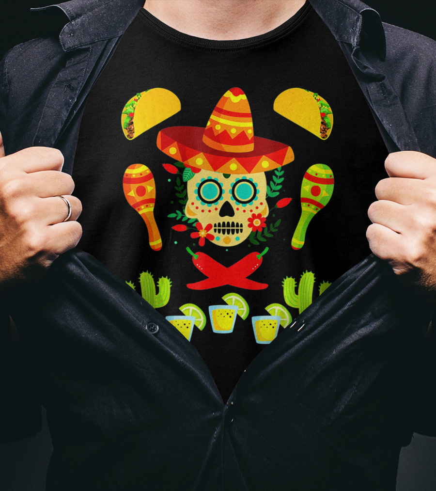 Festive Cinco De Mayo Sombrero Skull With Tacos And Maracas T-Shirt