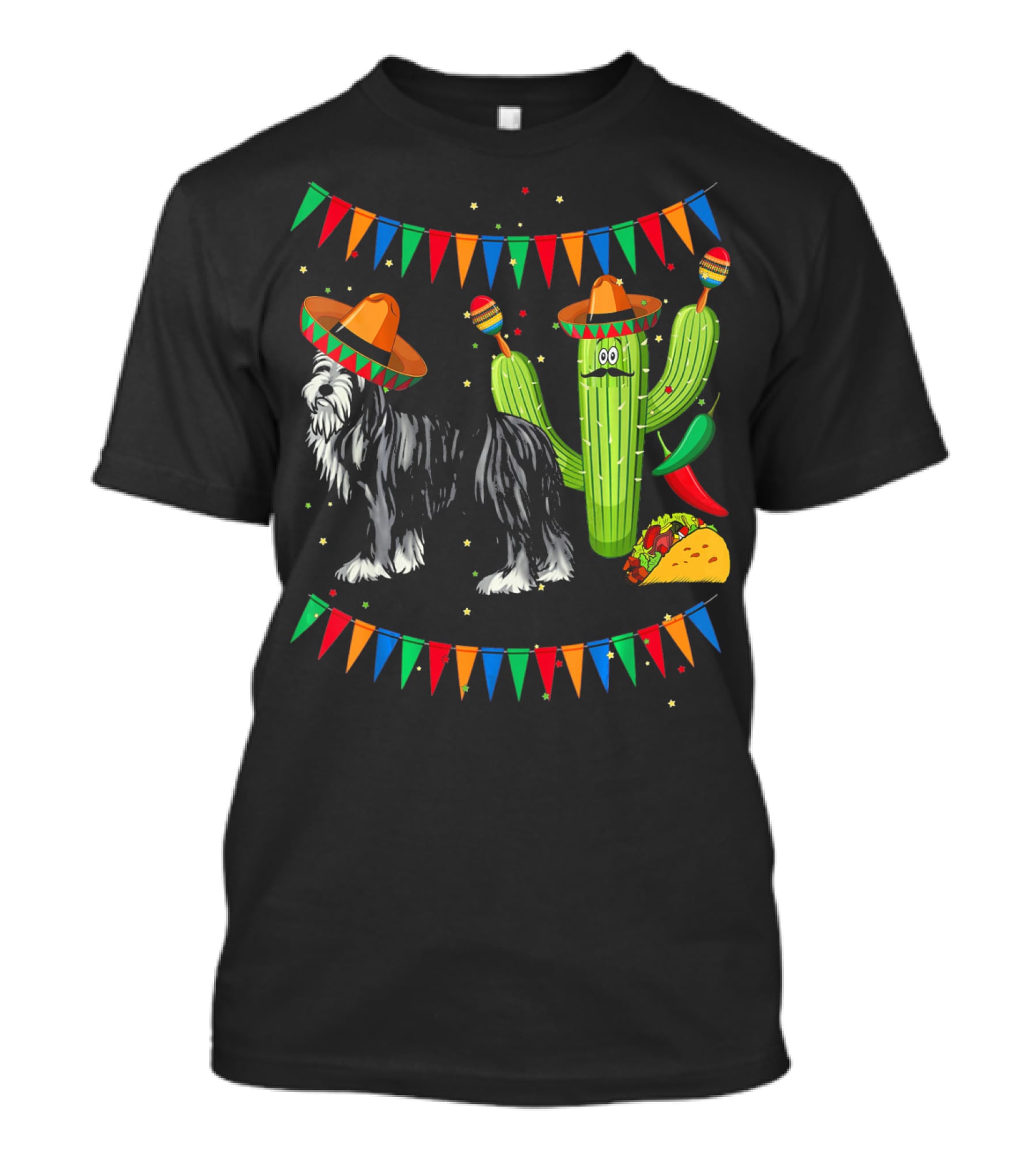 Sombrero Bearded Collie Dog Cactus Fiesta Mexico Cinco De Mayo Flags Taco Maracas T-Shirt
