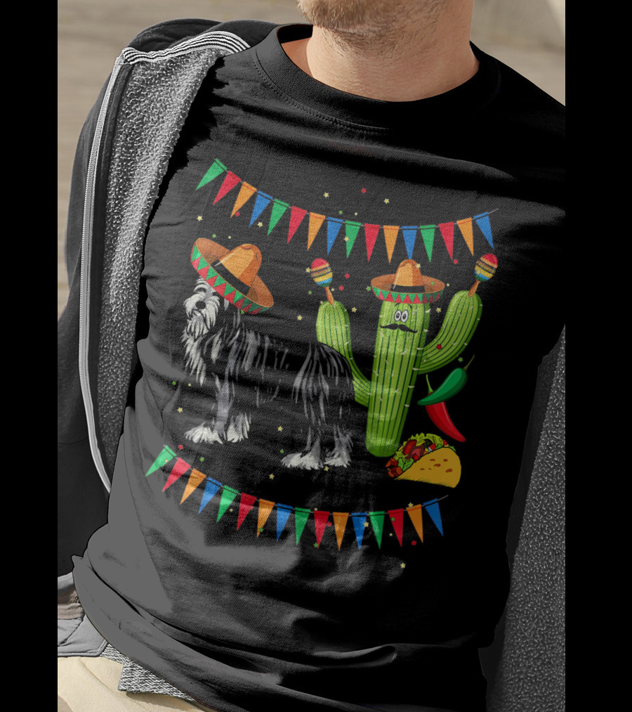 Sombrero Bearded Collie Dog Cactus Fiesta Mexico Cinco De Mayo Flags Taco Maracas T-Shirt