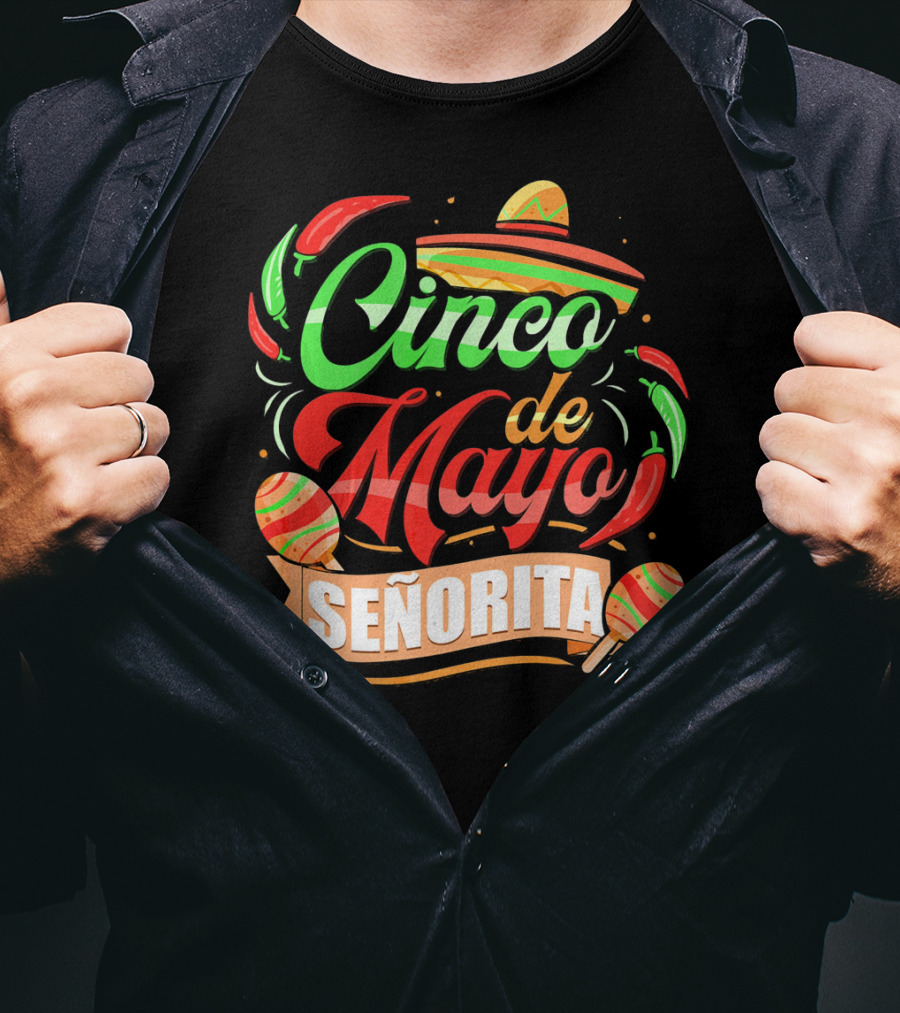 Cinco De Mayo Senorita Sombrero Maracas Chiles T-Shirt