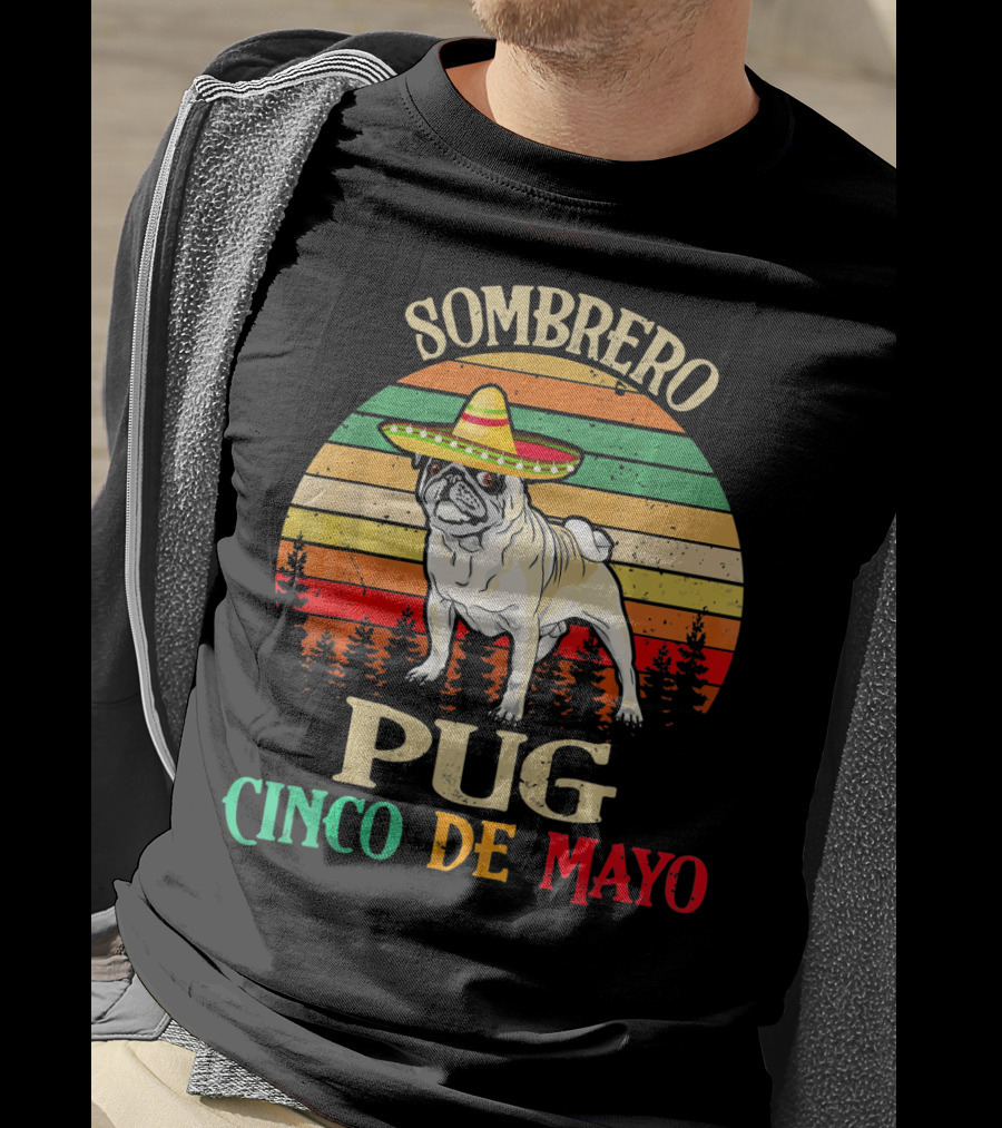 Sombrero Pug Cinco De Mayo Retro Stripes T-Shirt