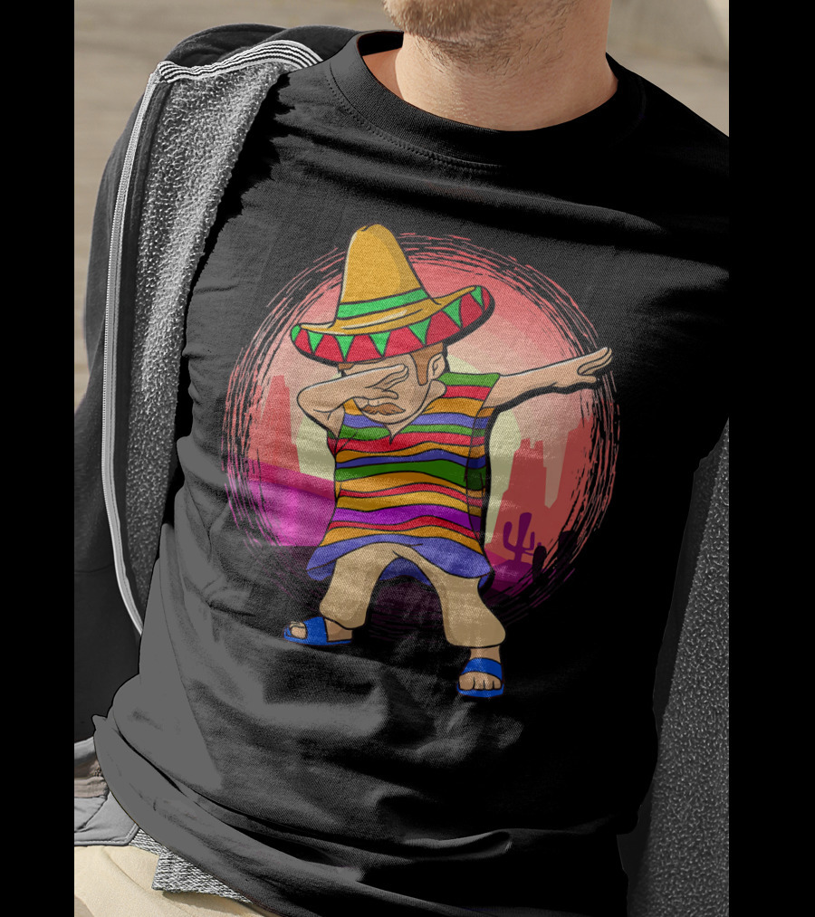 Mexican Poncho Sombrero Dabbing Sunset Cactus Background T-Shirt