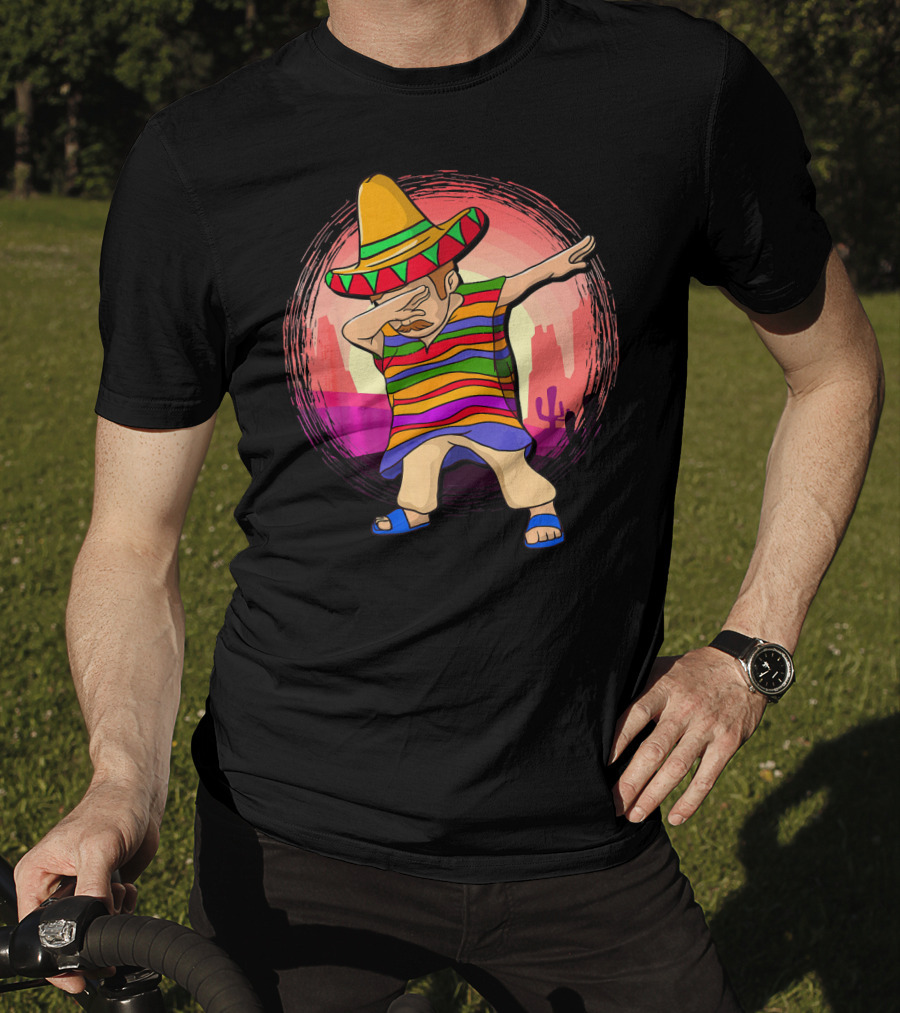 Mexican Poncho Sombrero Dabbing Sunset Cactus Background T-Shirt