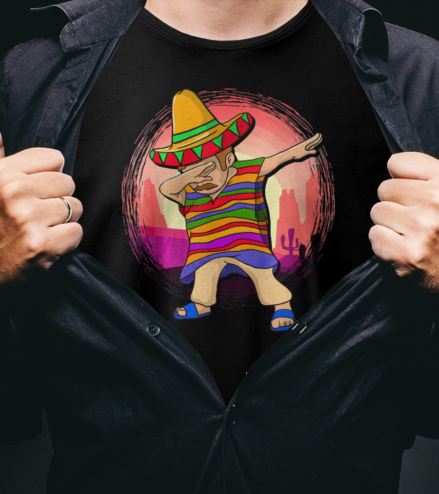 Mexican Poncho Sombrero Dabbing Sunset Cactus Background T-Shirt