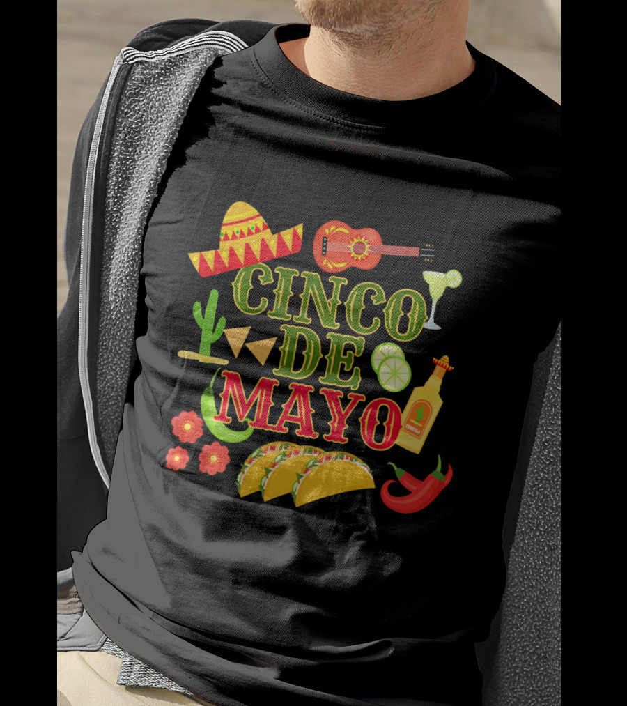 Cinco De Mayo Party Sombrero Guitar Margarita Hot Sauce Tacos Peppers T-Shirt