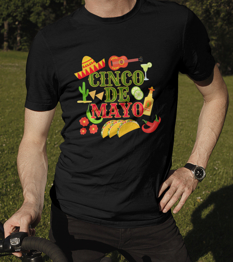 Cinco De Mayo Party Sombrero Guitar Margarita Hot Sauce Tacos Peppers T-Shirt