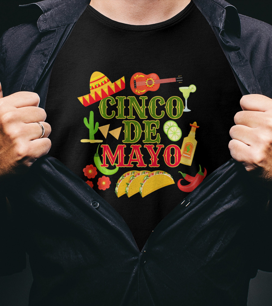 Cinco De Mayo Party Sombrero Guitar Margarita Hot Sauce Tacos Peppers T-Shirt