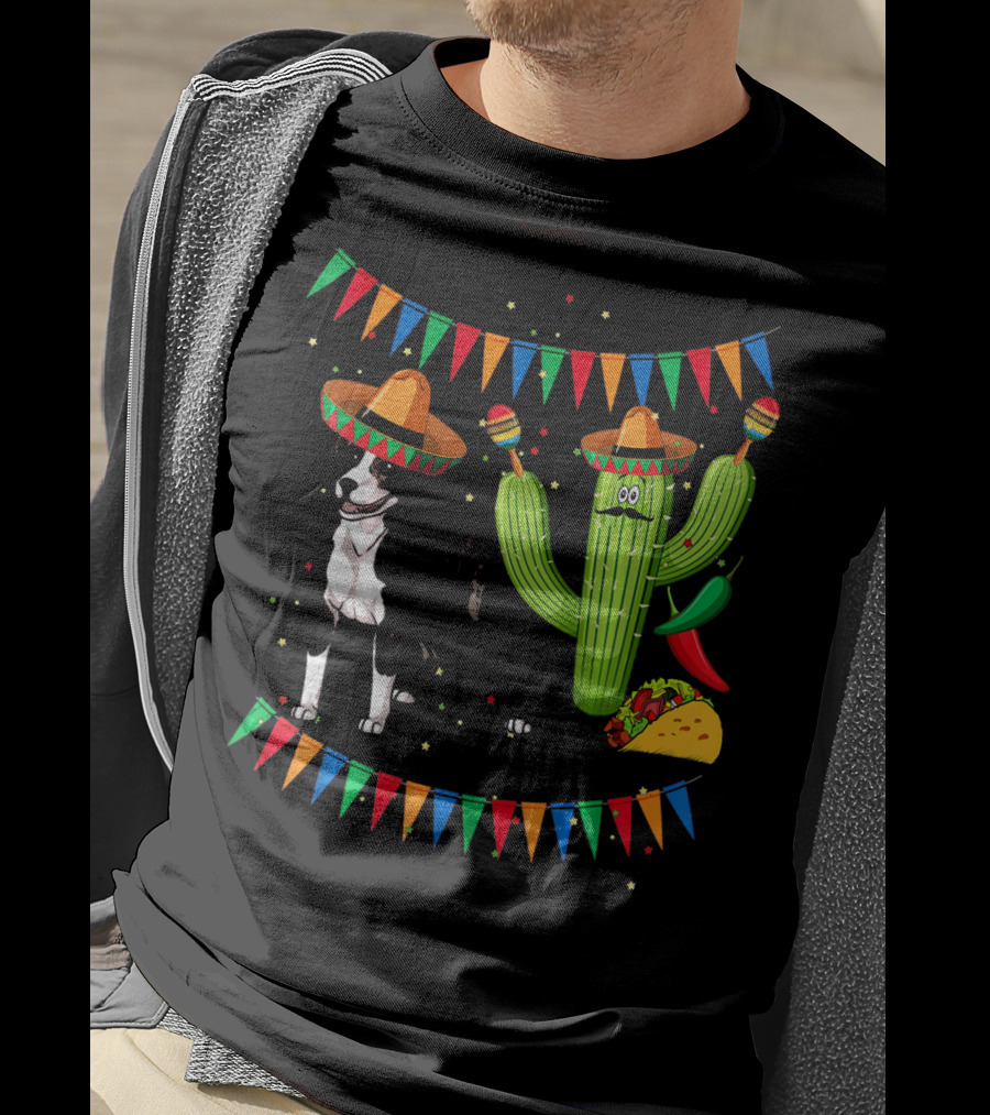 Sombrero American Pit Bull Terrier With Cactus And Taco Fiesta Elements T-Shirt