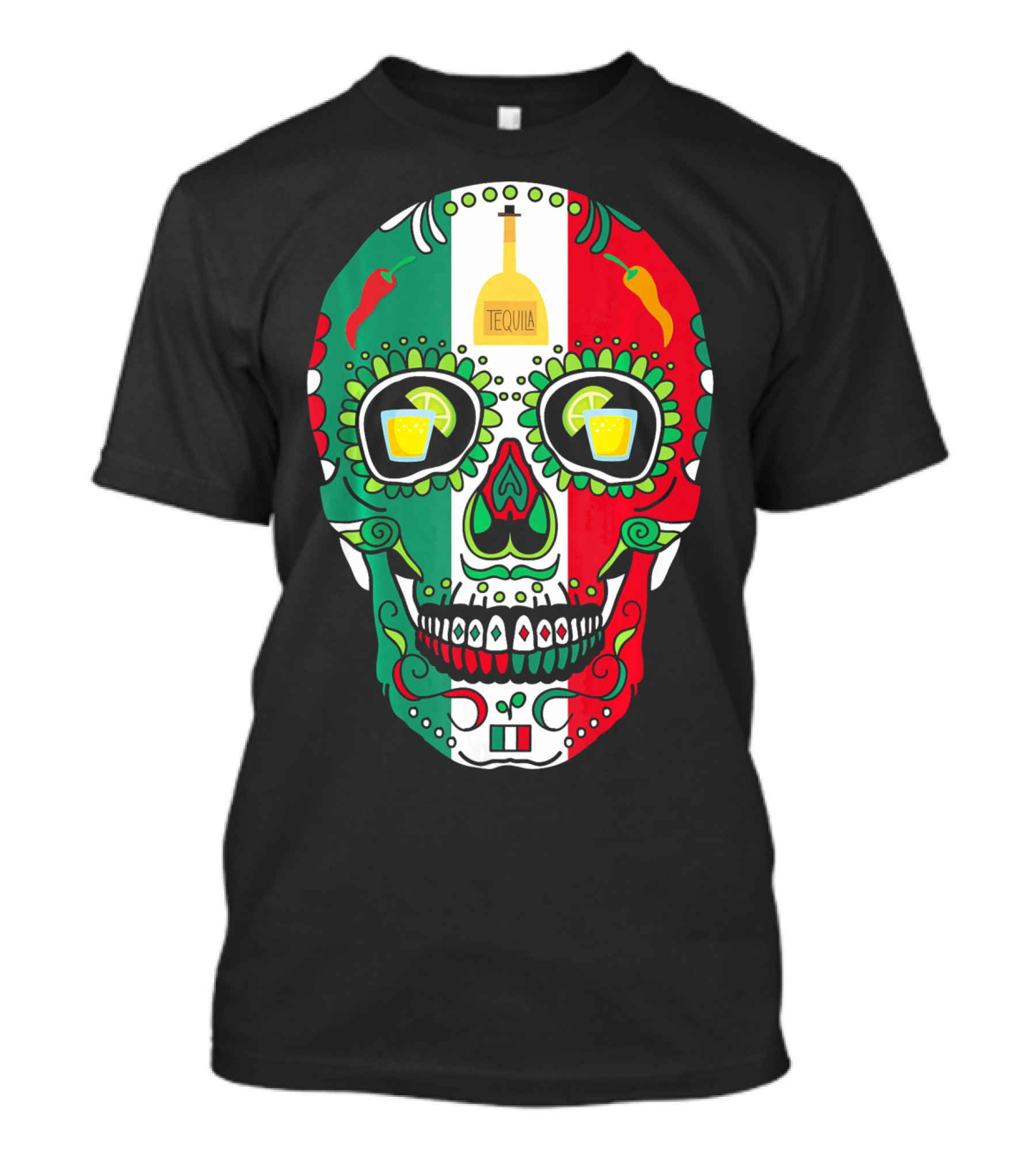 Mexican Cinco De Mayo Tequila Skull With Flag Colors And Chili Peppers T-Shirt