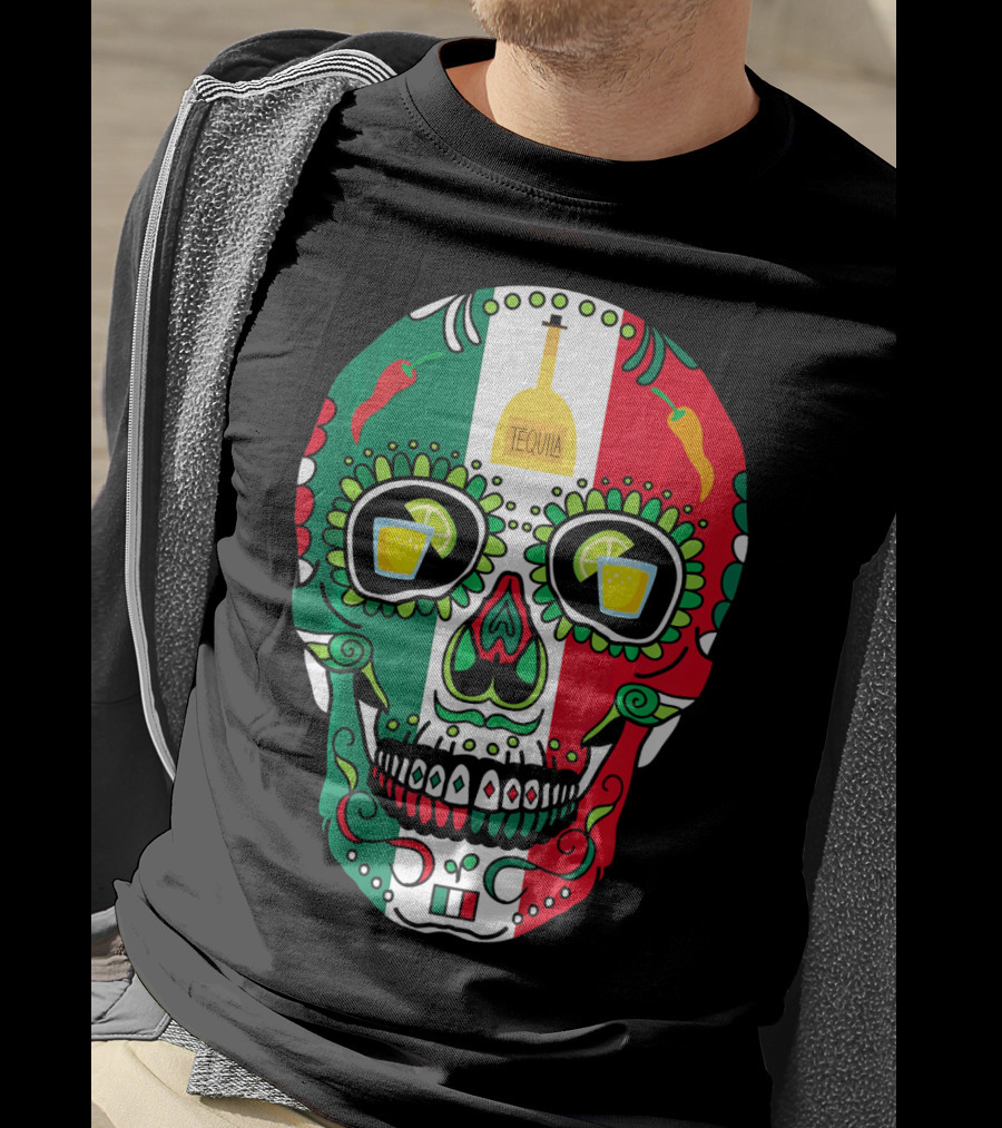 Mexican Cinco De Mayo Tequila Skull With Flag Colors And Chili Peppers T-Shirt