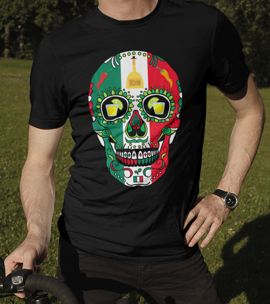 Mexican Cinco De Mayo Tequila Skull With Flag Colors And Chili Peppers T-Shirt