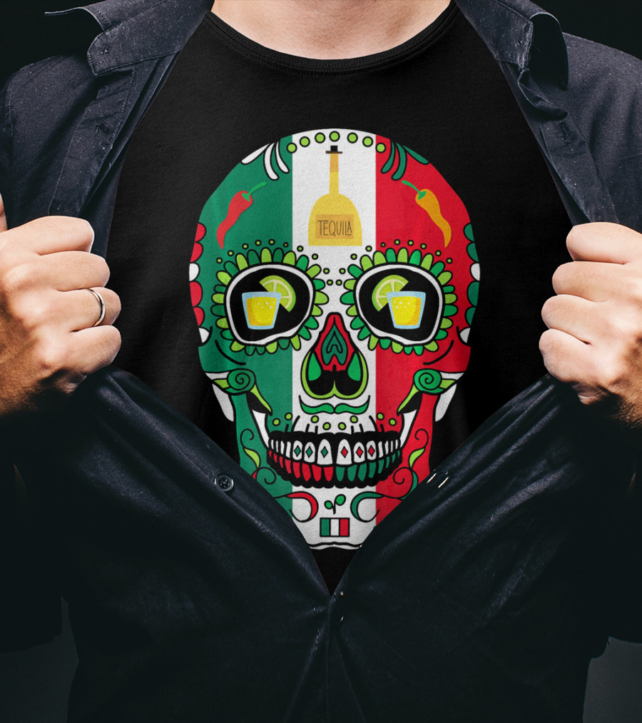 Mexican Cinco De Mayo Tequila Skull With Flag Colors And Chili Peppers T-Shirt