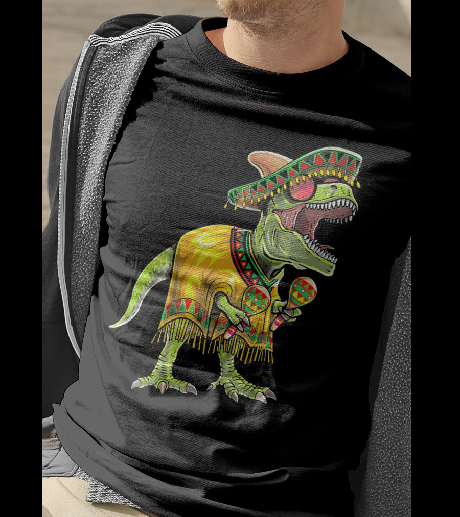 Cinco De Mayo Dinosaur Sombrero Maracas Poncho Fiesta T-Shirt