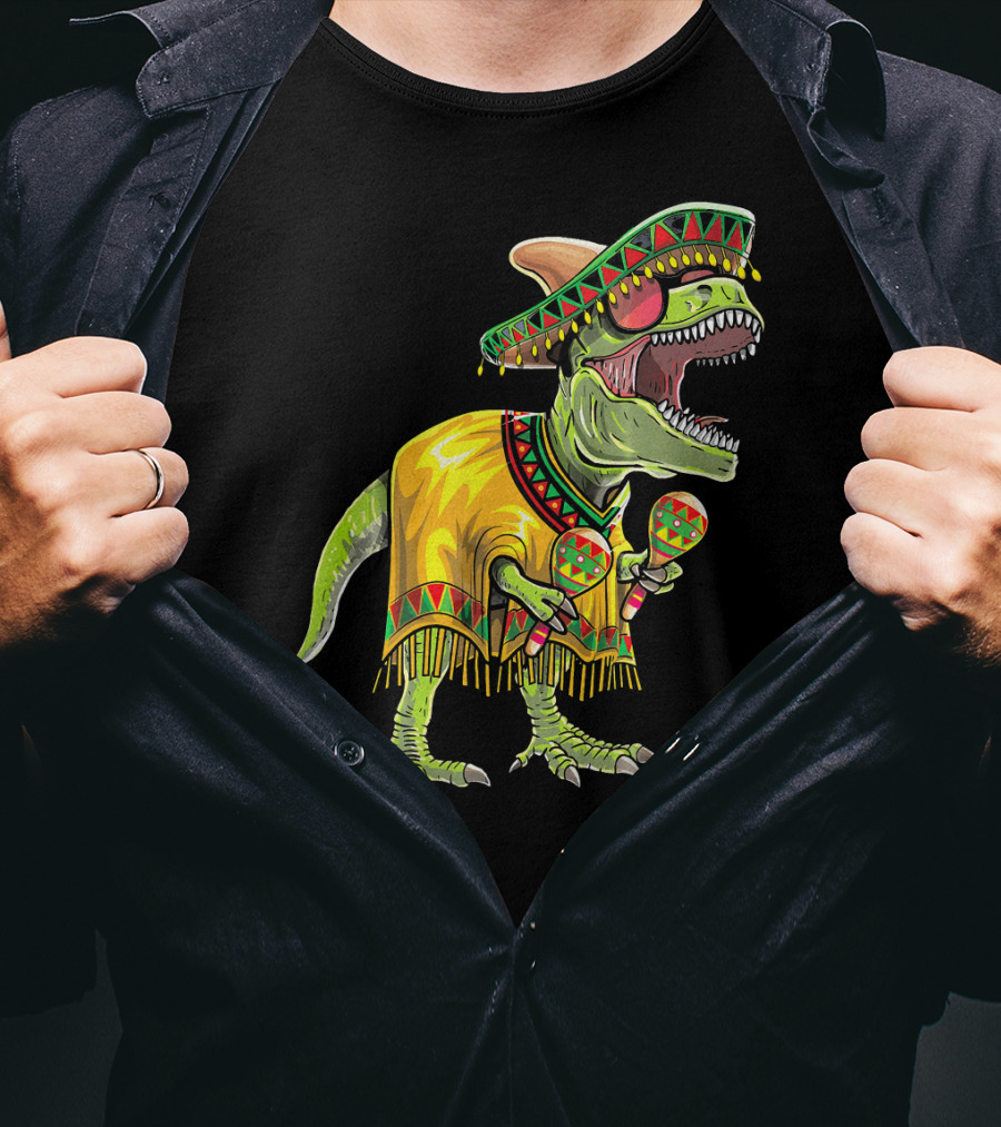 Cinco De Mayo Dinosaur Sombrero Maracas Poncho Fiesta T-Shirt