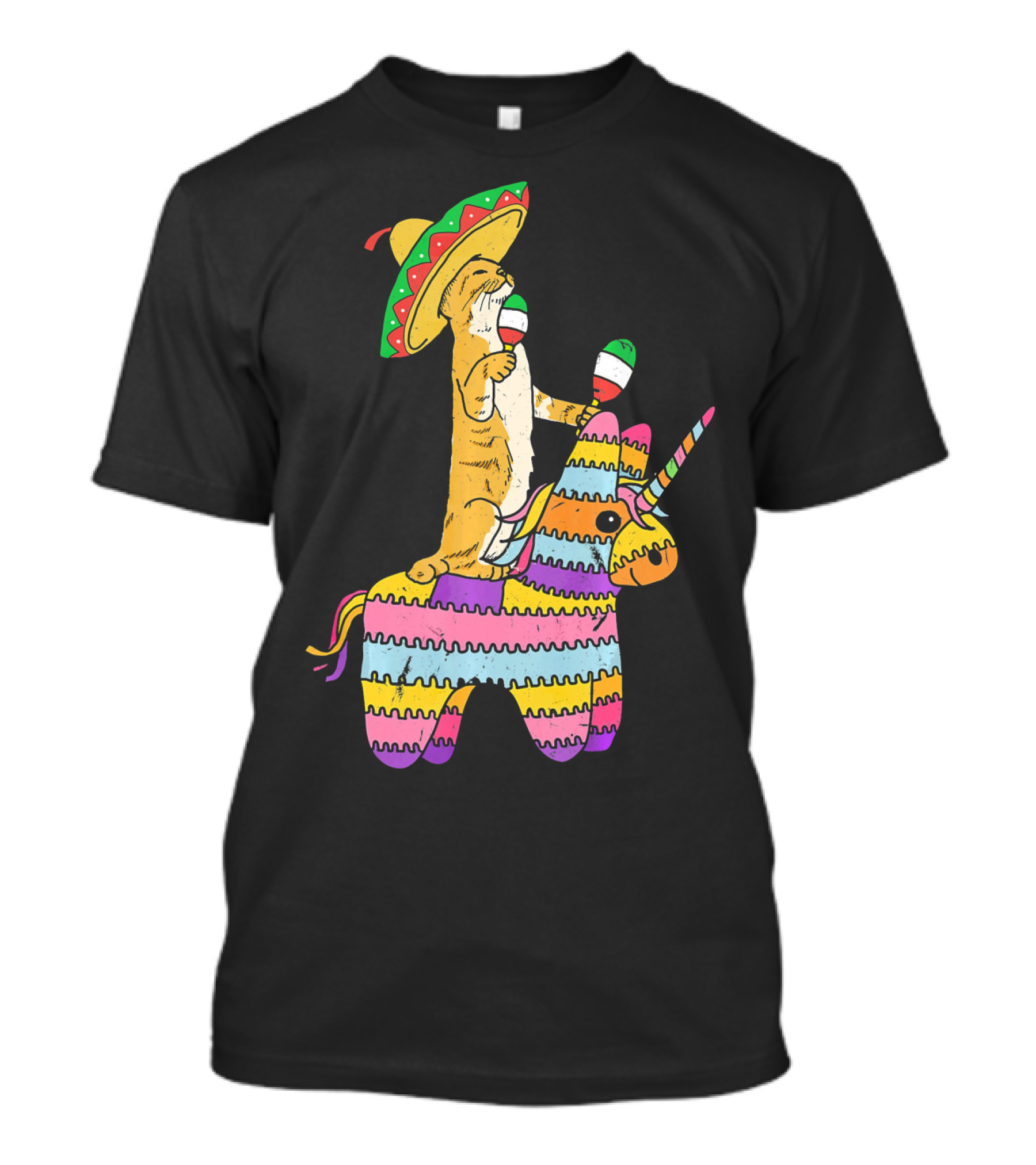 Cinco De Meow Cat Riding Colorful Unicorn Pinata With Sombrero And Maracas T-Shirt