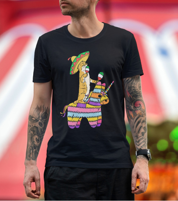 Premium T-Shirt: Cinco de Meow Cat Riding Colorful Unicorn Pinata with Sombrero and Maracas T-Shirt Cinco de Meow Cat Riding Colorful Unicorn Pinata with Sombrero and Maracas T-Shirt