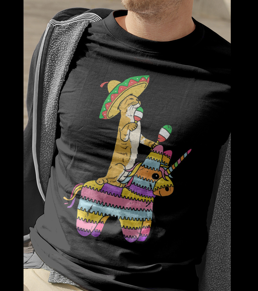 Cinco De Meow Cat Riding Colorful Unicorn Pinata With Sombrero And Maracas T-Shirt