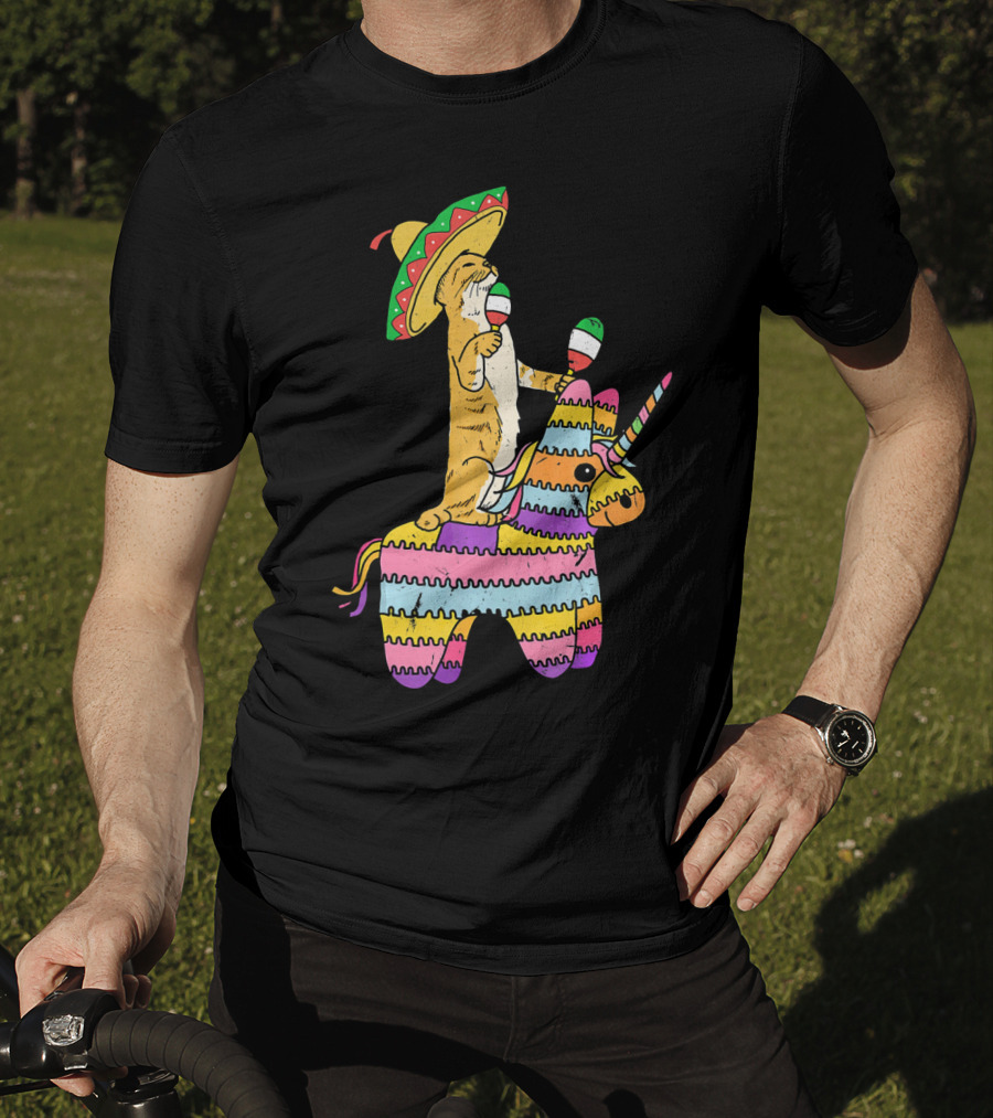 Cinco De Meow Cat Riding Colorful Unicorn Pinata With Sombrero And Maracas T-Shirt