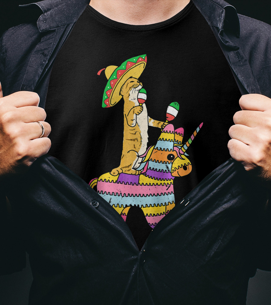 Cinco De Meow Cat Riding Colorful Unicorn Pinata With Sombrero And Maracas T-Shirt