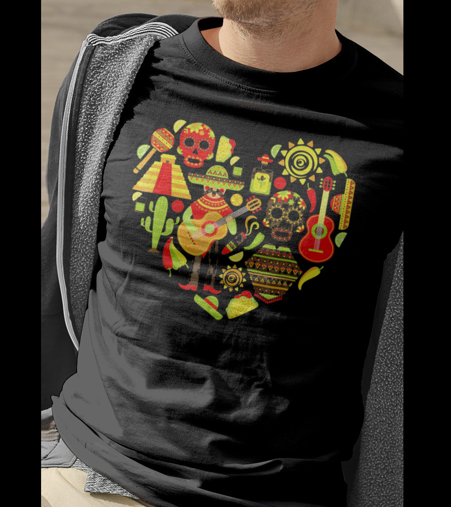 Cinco De Mayo Love Skull Guitar Cactus Sombrero Heart T-Shirt