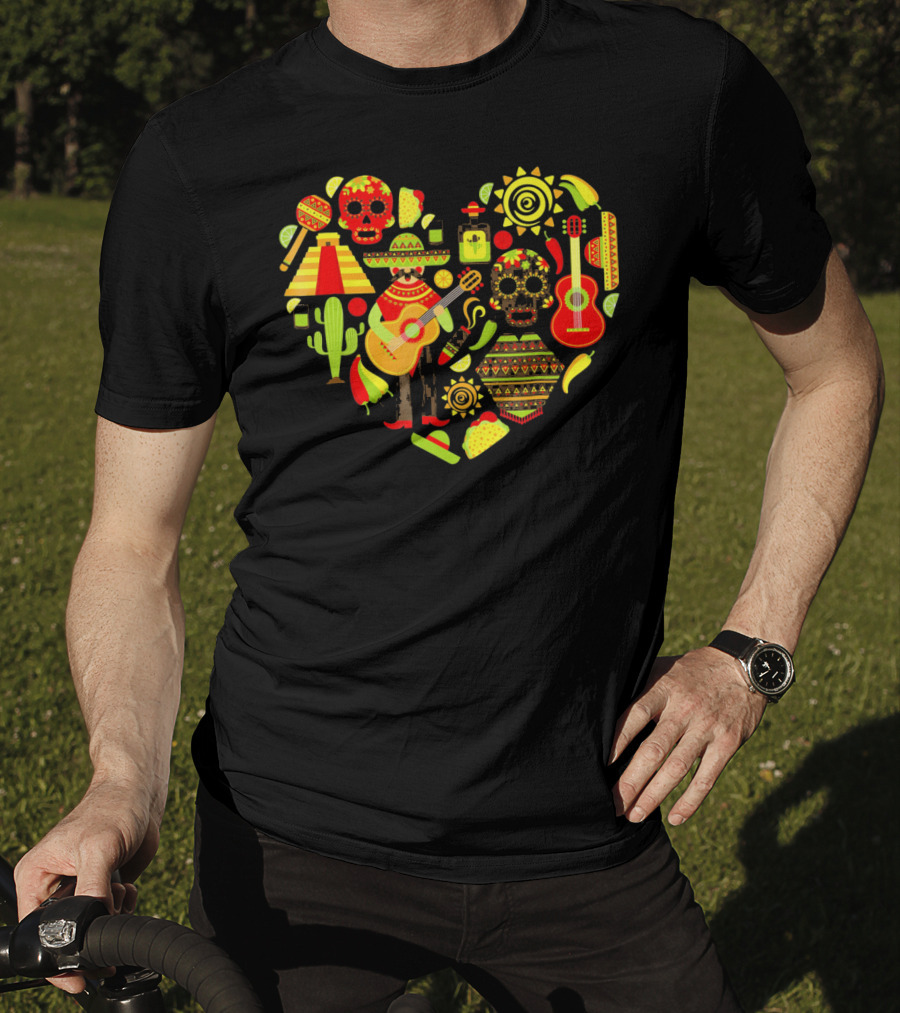 Cinco De Mayo Love Skull Guitar Cactus Sombrero Heart T-Shirt
