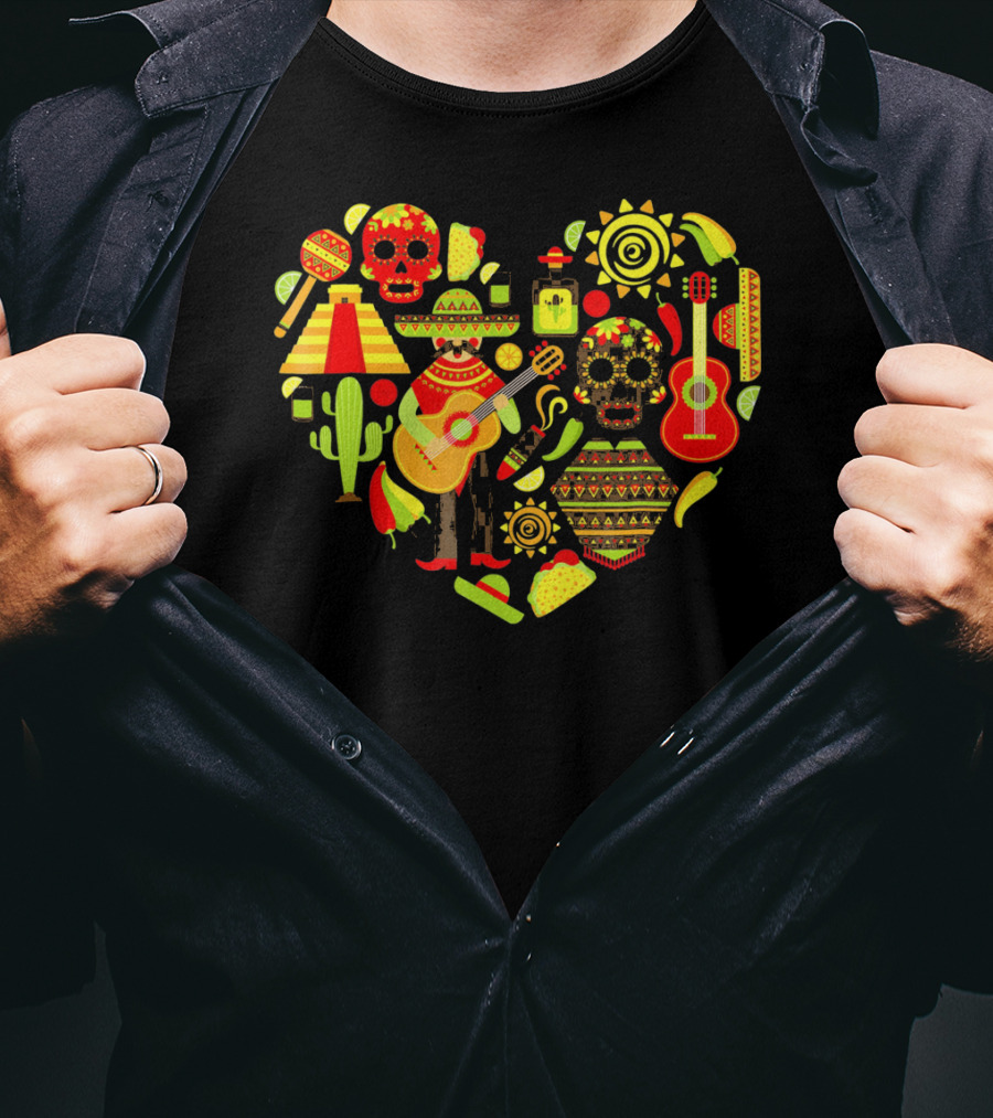 Cinco De Mayo Love Skull Guitar Cactus Sombrero Heart T-Shirt
