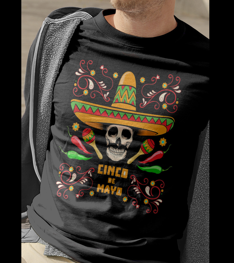 Cinco De Mayo Skull With Sombrero Maracas And Peppers T-Shirt